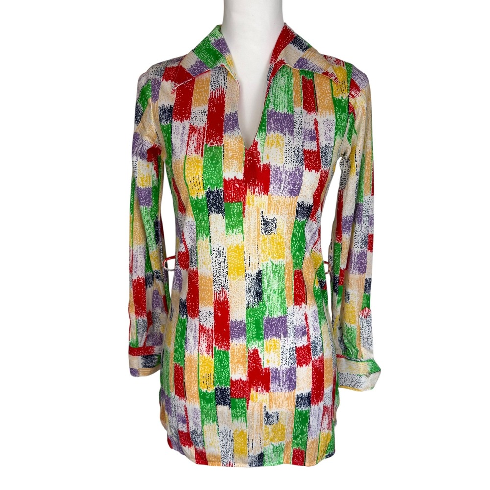 Queens Way to Fashion Vintage 70s Tunic Top Multicolor Geometric Print Small